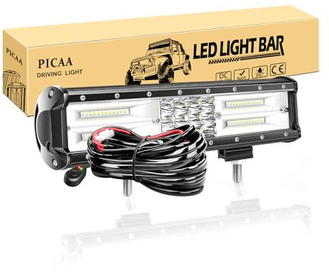 PICAA Led Arbeitsscheinwerfer,12 Zoll 7D 180W Lichtbalken Mit 12V Kabelbaum | Wasserdicht,Dreireihig, Zusatzscheinwerfer Bar, Spot Flutlicht Kombination, für SUV Offroad ATV UTV Traktor 4x4 Auto,6000K