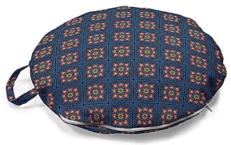 ABAKUHAUS marokkanisch Rundes Bodenkissen mit Griff, Traditioneller Orient Floral, dekoratives Kissen für Wohnzimmer & Schlafsäle, 45 cm, Dark Sky Blau Multicolor