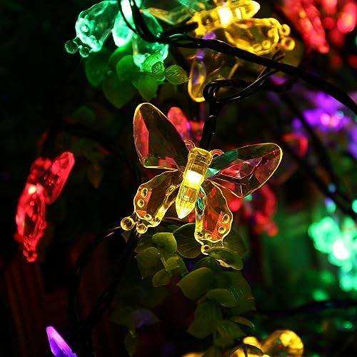 NIWWIN Solar Lichterkette Schmetterling 50 LEDs 9.5m, Bunte LED Kette Außen IP65 Wasserdicht, Garten Deko Licht Auto Ein/Aus, für Hochzeit, Party, Weihnachten