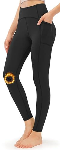 JOYSPELS Womens Fleece Lined Thermal Leggings with Pockets High Waisted Winter Warm Yoga Pants Gym Workout Fitness Running Thick Spandex Pants Black M