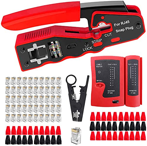 MAYLINE RJ45 RJ12 Crimp Network Tool kit, CAT5 CAT6 Stripper Cable Crimping Tool, Professional LAN Cable Tester, Ethernet Crimper kit&RJ45 Crimp Repair Tool with Connectors(Red)