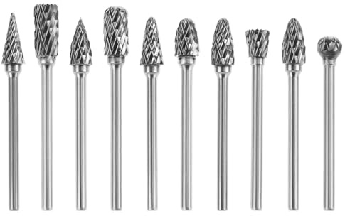 QWORK® 10 Stück Hartmetall Frässtifte mit Doppelschnitt, Wolframcarbid-Stahl Rotationsfräser Set 3 mm Schaft 6 mm Schleifkopf für DIY Carving Metall Polieren Gravieren