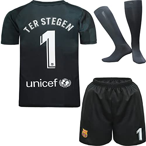 NIHMEX Barcelona TER Stegen Kinder Torwart Trikot Fußball #1, Neu Saison, Shorts Socken Torwarttrikot (Schwarz,26)
