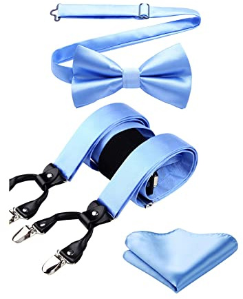 HISDERN Bretelle Uomo Eleganti Set Papillon e Bretelle Fazzoletto Blu Larghezza Regolabile Forma a Y Elastica Braces
