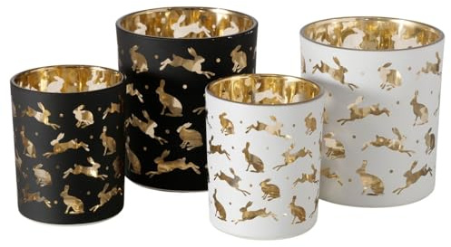 4 STK Windlichter Hasen Gold Farben schwarz Weiss b836 Kerzenhalter Shabby Chic Osterdeko klar matt Geschenk Teelichthalter Windlicht Set Tischdeko