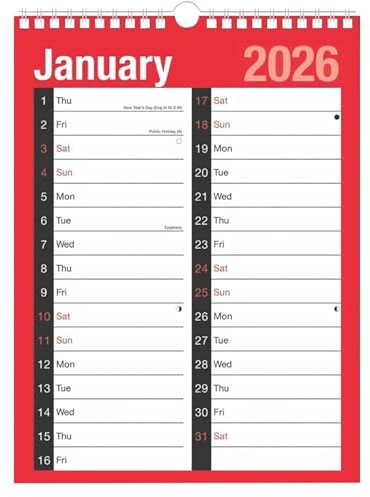 2026 Calendar A4 Large Month to View Spiral Bound Wall Planner Red and Black Calendar for Home Business Office School 1 January 2026 to 31 December 2026