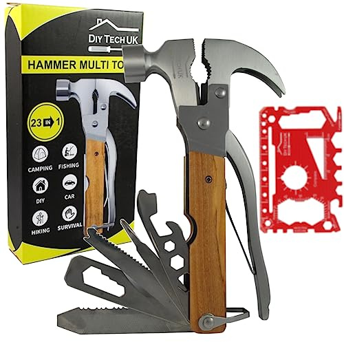 DIY TECH UK - Multi Tool Gadget Gifts for Men - 23 in 1 Hammer | With Wooden Handle + Free 48 in 1 Wallet Tool - Mens Gifts for Christmas - Dad Him Birthday Who Have Everything Women Adult