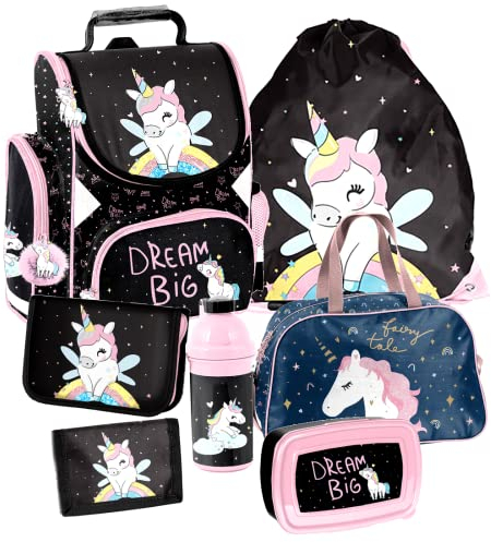 Einhorn Unicorn Pferd Pony Horse 7 Teile Set Schulranzen Schultasche Ranzen Tornister Federmappe mit Sticker-von-Kids4shop sw