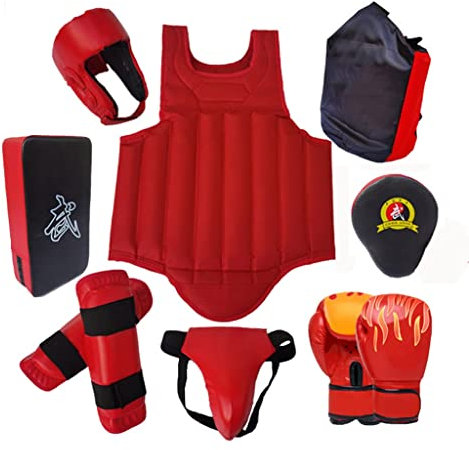 Kopf, KöRper Und Fuß Schutz GeräT Set Martial Arts Protector Ausrüstungen, Sparring Gear Set,Kickboxing 8pcs Set Mit Boxing Kick Pads Punching Mitts Curved, Für Männer (Color : Red, Size : Large)