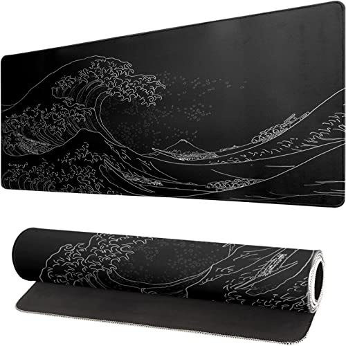Tapis de souris XL - Grand tapis de souris de jeu - 31,5 x 11,8 pouces - Long tapis de souris - 3 mm - Base antidérapante et bord cousu (vague de mer XL)