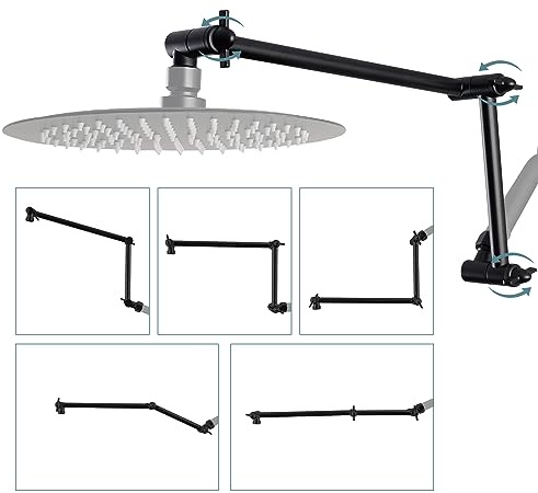 iFealClear Ganzmetall 40,6 cm Duschkopf-Verlängerungsarm, massives Messing, verstellbarer Höhenwinkel, G1/2 Universalanschluss, Edelstahl-Regenduschkopfrohr mit Verriegelungsgelenk, mattschwarz