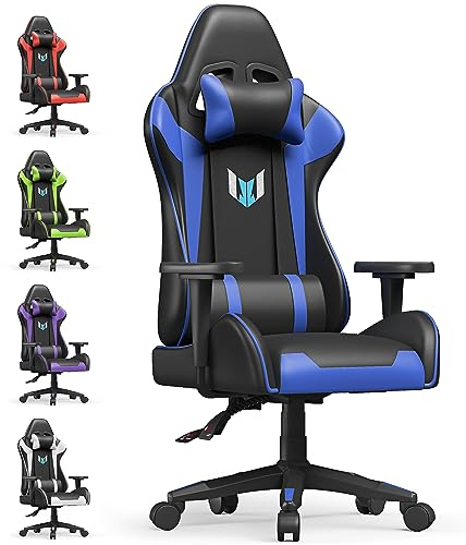 bigzzia Gaming Chair Office Chair,155 Degree PU Leather Ergonomic Office Chair with Lumbar Cushion&Headrest&Fixed Armrest,Gaming Chair Gaming Seat Adult Young Boy Girl (Blue)
