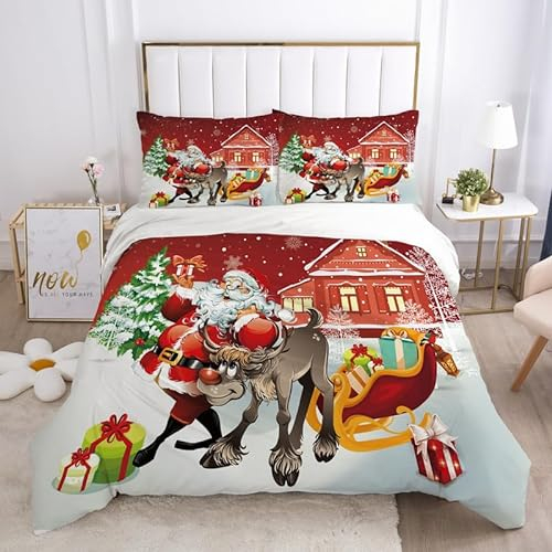 MAQUE Weihnachtsmann BettwäSche Set Elch BettwäSche 135x200, WendebettwäSche und Kissenbezug 80x80, Weiche & Angenehme & Atmungsaktive Mikrofaser BettwäSche-Sets mit ReißVerschluss