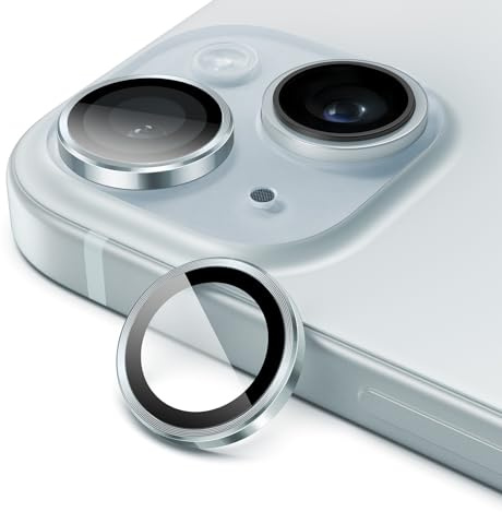 JETech Protection Objectif Caméra pour iPhone 15/15 Plus, Bleu, 1 Série | Verre Trempé 9H, Anneau Individuel en Métal, Transparent HD