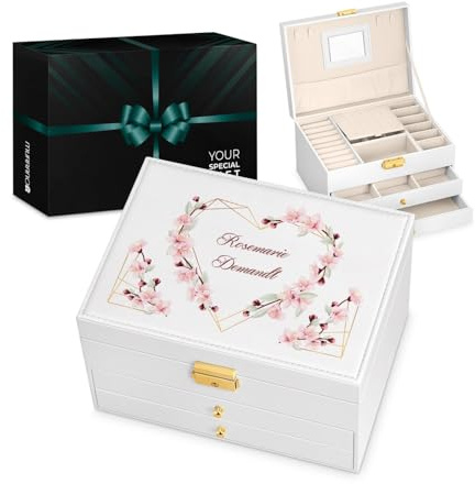 Maverton Schmuckkästchen mit Aufdruck - abschließbare Schmuck Aufbewahrungsbox mit Spiegel & 2 Schubladen - funktionale 3-stöckige Schmuckschatulle für Frauen zum Geburtstag - Weiß - Blumenherz