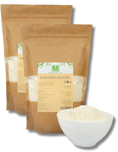 Kokosflocken Kokosraspeln 1kg Kokosnussflocken von Green Essence | Kokosnussraspeln ungesüßt, Kokosnuss geraspelt, ungeröstet aromatisch vielseitig, für Backen Küche, Ernährung für Hunde, 1 kg