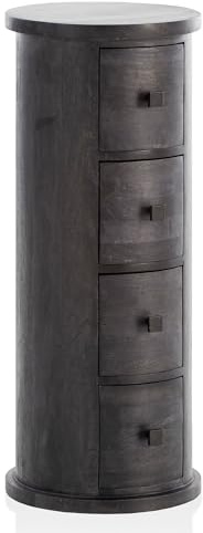 FineBuy Kommode 85 cm Mango Massivholz Schwarz mit Schubladen, Rund | schmaler Beistellschrank aus Echtholz, Schränkchen handgefertigt, Mini Sideboard mit viel Stauraum für kleine Räume