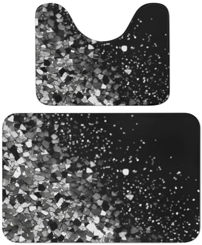 Badezimmerteppich-Set, 2-teilig, schwarz-weiß, glitzernd, saugfähige Mikrofaser-Badteppiche und U-förmiger WC-Vorleger, rutschfeste Badematten, Teppich für Badezimmer, Badewanne