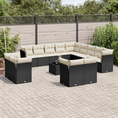 ULUYYUC 14-TLG. Garten-Sofagarnitur, Ecksofa Schlafsessel Mit Bettfunktion Balkonmöbel Eckbankgruppe Geeignet für Außenbereich Garten Hinterhof Balkon mit Kissen Schwarz Poly Rattan