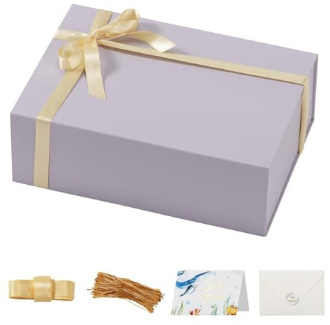 Große graue Geschenkbox mit Deckel für Geschenke, 33 x 22,9 x 11,1 cm, Geschenkverpackung, magnetische Box für Geschenk, faltbar, dekorative Geschenkboxen, enthält Kartenband, Bast, Papierfüller,