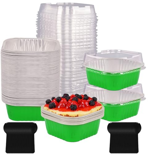 Confezione da 50 pirottini quadrati riutilizzabili in alluminio con coperchio, 300 ml, bicchieri usa e getta per flan, crème brûlée, gelatina, per dessert, catering, bomboniere (verde)