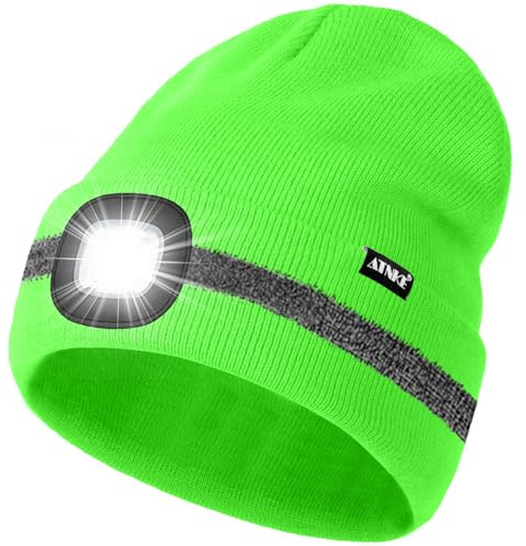 ATNKE LED Mütze mit Licht, Wiederaufladbare USB 4 LED Beleuchtete Laufmütze Extrem Heller Lampe Winter Warme Stricken Mütze mit Reflektierendem Streifen für Herren und Damen Geschenke