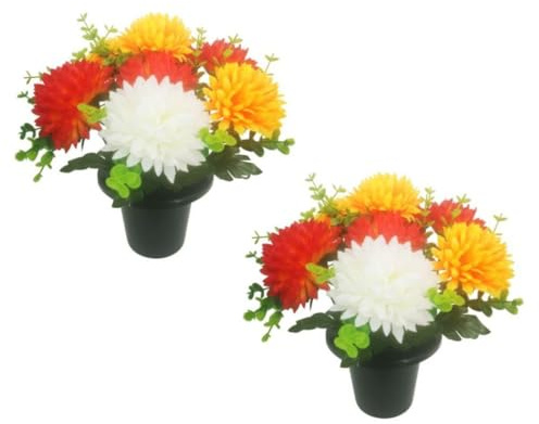 Pack Of 2 Grave Flower Pots | Chrysanthemum & Eucalyptus | 25cm Grave Flower Pots | Artificial Flowers For Graves | Cemetery & Floral Decorations | Ivory Orange & Red | With Polystyrene Insert