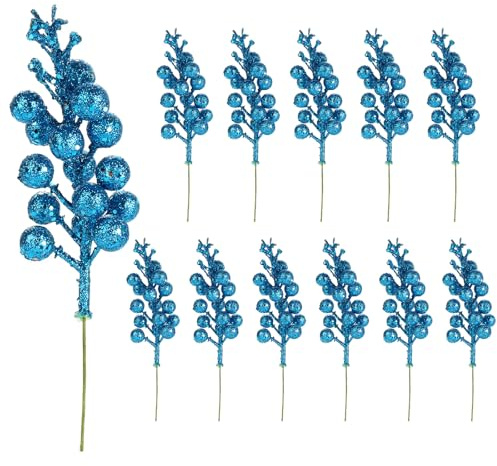 Glitzer-Beerenstiele, 20 cm, künstliche Stechpalmen-Zweige, Glitzer, Beeren, Weihnachtsspieße, für Weihnachtsbaumschmuck, Basteln, Weihnachtskranz, Girlande, Dekoration, Blau, 12 Stück