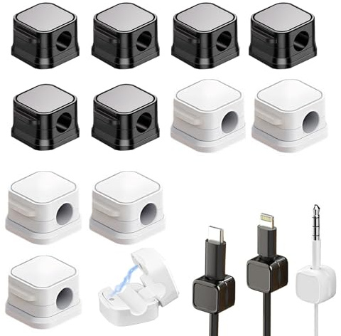 Cable Tidy Clips Magnetic, 12 pcs Cord Organizer Magnetic Holder, Adjustable Self Adhesive Wire Charger Management Holder, Black White Cable Clips for Nightstand Kitchen Office Supplies (Black&White)