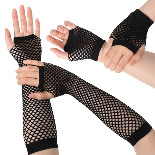 Giantree 2 Paar Fingerlose Netzhandschuhe, Fingerlose Handschuhe für Damen Lange Kurze Fischnetz Handschuhe Vintage Fishnet Gloves 80er 90er Kostüm Zubehör für Disco Party Halloween Sporthandschuhe