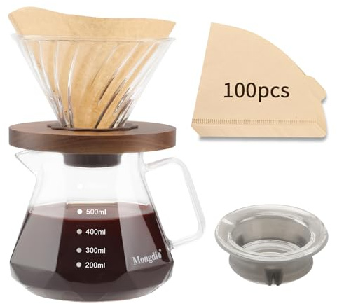 Mongdio Pour Over Coffee Maker, 20 oz High-Heat Borosilicate Glass Coffee Maker with 100pcs Paper Filters, 5 in 1 Drip Coffee Maker Set for Home Café Restaurant and Camping - 600ml, Clear