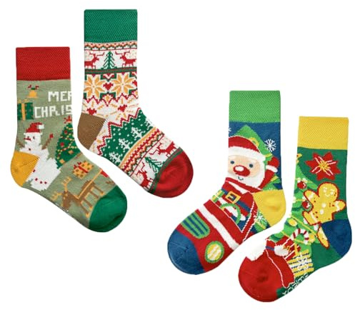JINGTOPS 2 par julstrumpor barn med jultryck, strumpor tecknade roliga strumpor för barn vinterstrumpor presenter, 4–8 år, unisex, storlek 16 x 15 cm, Julstrumpor i bomull, one size