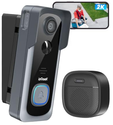 ieGeek Videocitofono Wifi 2K con IP66 Impermeabile, Videocitofono Senza Fili con Visione Notturna, Batteria Ricaricabile, Rilevamento Intelligente, per Casa o Azienda, Alexa Compatibile (Bianco)