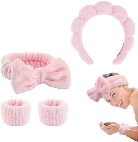 ZEPIQOR Lot de 4 Bandeaux Spa pour Lavage du Visage Soins de la Peau pour Femme Bandeau en Tissu Éponge pour Soins de la Peau Bandeau Gonflé en Éponge pour Lavage du Visage (rose)