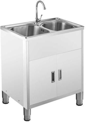 Fregadero de Acero Inoxidable 304 para Uso General, Fregadero de Cocina Independiente de 2 Senos con desagüe de Acero Inoxidable y Patas Ajustables, Lavabo de Restaurante para lavandería INT