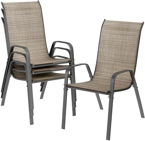 LIFERUN Sillas de jardín apilables para Camping, con Respaldo Alto, Estructura de Acero textileno, para Jardines, Patios, Balcones, restaurantes, 150 kg, soporta 54 x 69 x 93 cm (4, Lino marrón)