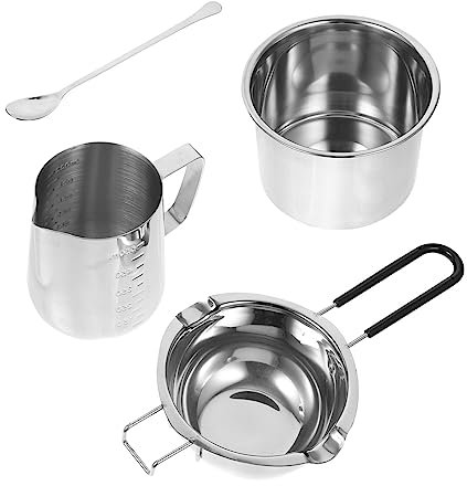 EXAOMBLE Stainless Steel Wax Melting Pot Set 400ml Anti-Scald Silicone Handle, 14cm Thickened Outer Pot, Heavy-Duty Stirring Spoon and 550ml Measuring Cup for Candle Making and Wax Melting