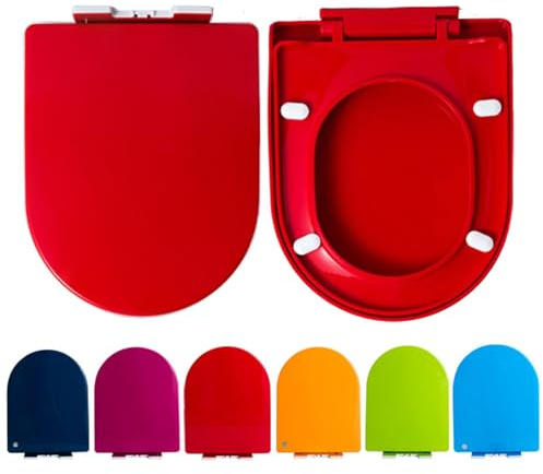 Brigtviee Colorato Tavoletta WC Casa O Uso Commerciale,Sedile WC con Chiusura Ammortizzata,Copriwater D-Form,Coprivaso WC in Duroplast,Copri Water Removibile,36x 47cm,ASSE WC,Rosso
