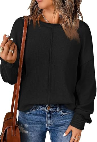 Fisoew Damen Pullover Langarm Rundhals Strickpullover Herbst Winter Basic Pulli Einfarbig Oberteile Schwarz,M