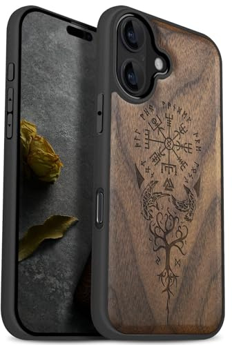 Carveit Holz Cover für iPhone 17, Nussbaum-Wikingerkompass | Handyhulle kompatibel MagSafe Massivholz für iPhone 17 Handyhülle Stoßstange Weich TPU Case