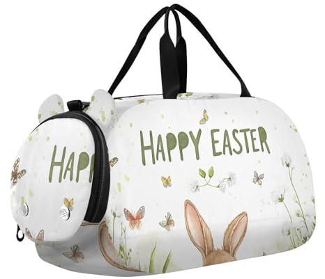 Quteprint Sac de sport pour enfants pour garçons et filles – Œufs de lapin de Pâques et papillon 100 % polyester avec compartiment séparé pour chaussures, bandoulière réglable, sac compact de voyage