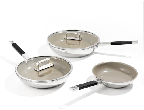 ROYDX Stainless Steel Frying Pan Titanium Ceramic Non Stick Frying Pan 20, 26 and 30cm Frying Pan Set with Lid 5Pcs Oil Gather Pro Frying Pans, Induction Compatible, Easy Cleaning for All Hobs