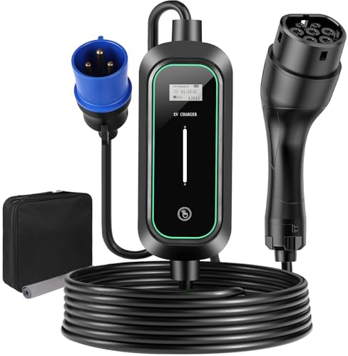 EV ladegerät Typ 2 Ladekabel,1-phasig 6-32A einstellbar,mit LCD（7,4kW 5M） | tragbares Ladegerät mit Display & Timer,IP65 wasserdicht, kompatibel mit allen Typ-2-E-Autos nach IEC 62196-2
