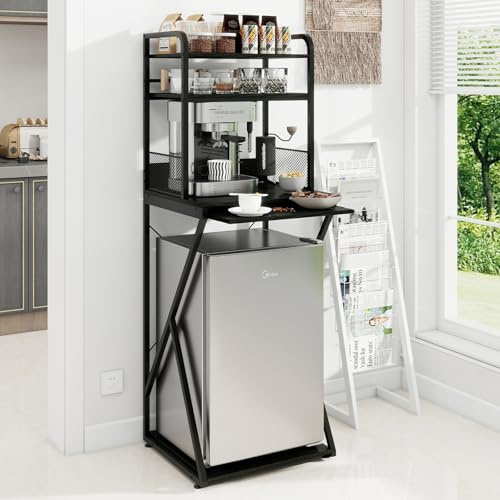 PUNCIA 4-Tier Mini Fridge Stand with Mini Fridge Space Coffee Bar Organiser | Coffee Station with Pull-Out Platform, Tall Refrigerator Cabinet & Microwave Shelf Bakers Rack for Kitchen Dorm Apartment