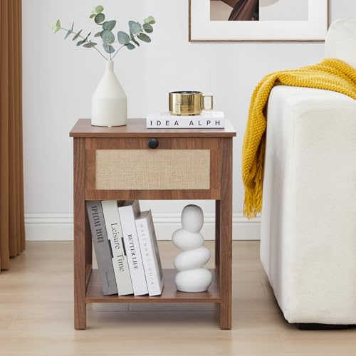 GuannCraft Mesita de noche moderna de madera y tela de lino, marco de madera maciza, amplio espacio de almacenamiento, mesita de noche con estantes y fácil montaje para dormitorio, sala de estar (1)
