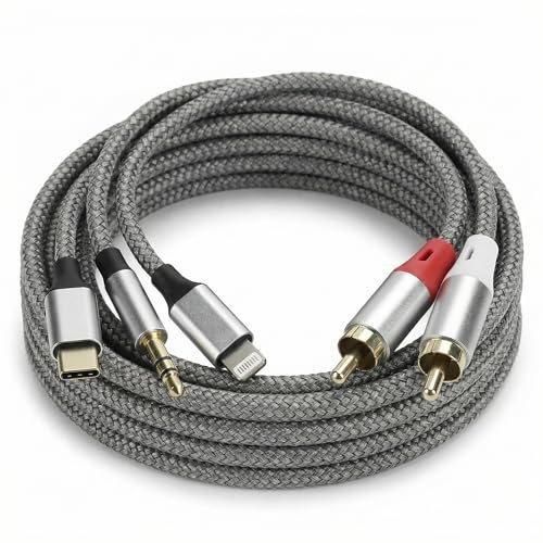 QWORK® 3-i-1 RCA-kabel, ljudadapter, 2 RCA till 3,5 mm USB-C till 2 RCA, kompatibel med Lightning, mobiltelefon, bil och högtalare