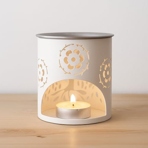 Bruciatore di incenso in metallo con filtro in acciaio inox, motivo intagliato, corone d'albero, magnificamente per emanare incenso e erbe aromatiche grazie al riscaldamento con tealight (bianco)