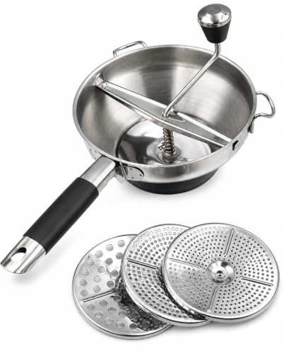 Lebensmittelmühle Hand mit 3 Sieben (2/3/7 mm) - Getriebenhammer für Kartoffeln, Muss, Marmeladen und Saucen - Volumen 2 L, BPA-frei, Edelstahl 304