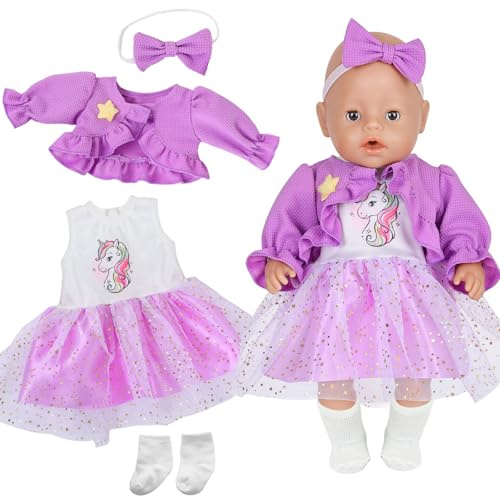 Baby Puppenkleidung für 35-43 cm Newborn Baby Puppen, Enthält 1 lila Mantel, 1 Sternchen-Pailletten-Tüllkleid, 1 Stirnband, 1 Paar Socken, Puppenzubehör für 14-18 Zoll BabyPuppe, Geschenk Kinder