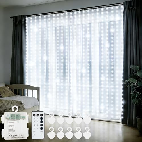 echosari 300 LED Lichtervorhang Batteriebetrieben 3M×3M Weiß mit Timer | Lichterkettenvorhang Silberdraht mit Fernbedienung für Hochzeit Party Schlafzimmer Fenster Innen Deko